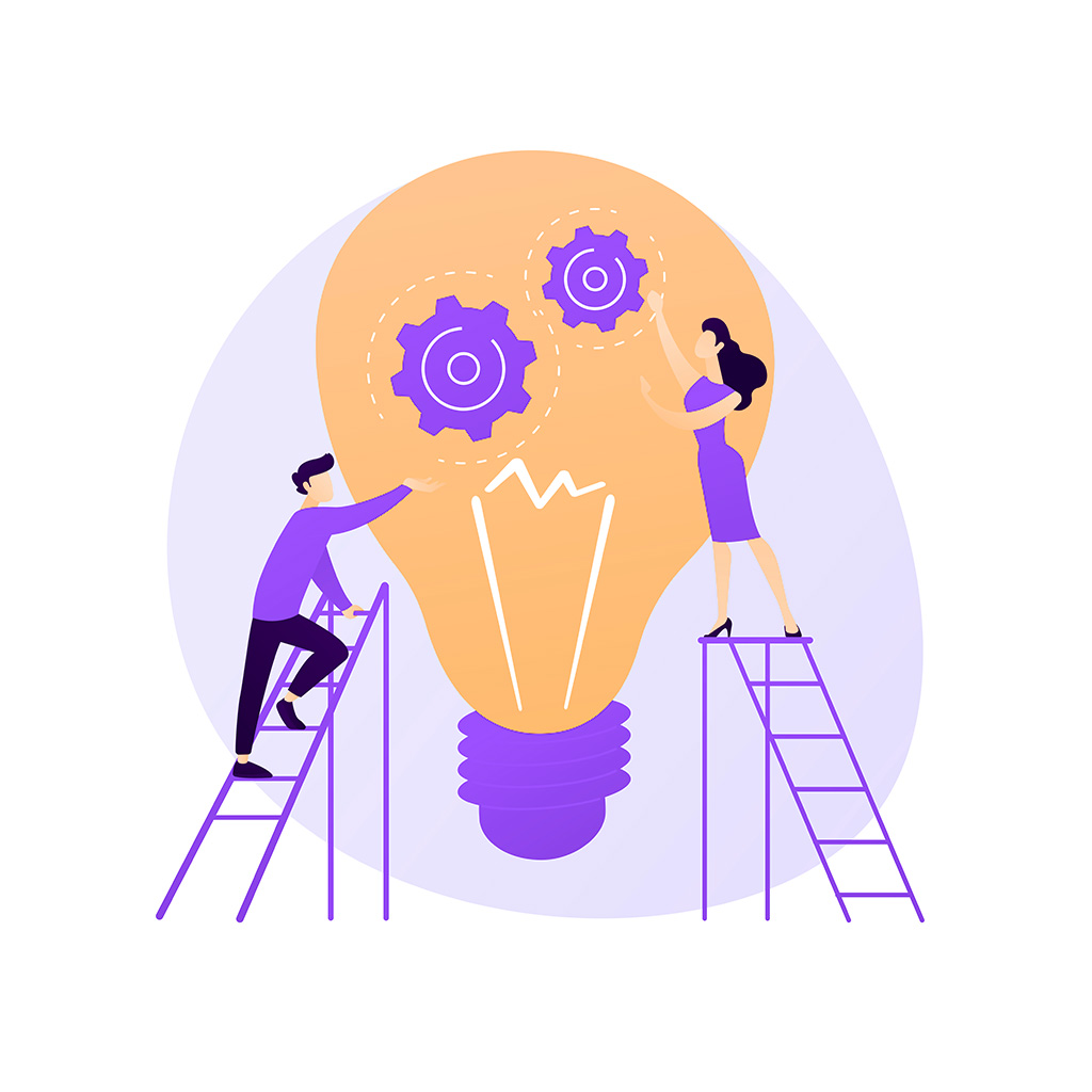Illustration de deux professionnels structurant des mécanismes dans une ampoule symbolisant le conseil en organisation.